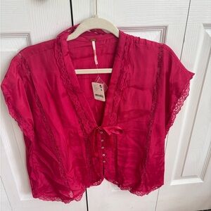 Free People Red Lace Trim Blouse